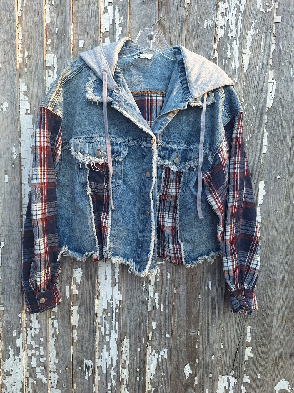 Oli & Hali Blue Denim Jacket with Red Plaid Sleeves and Gray Hood Size Large